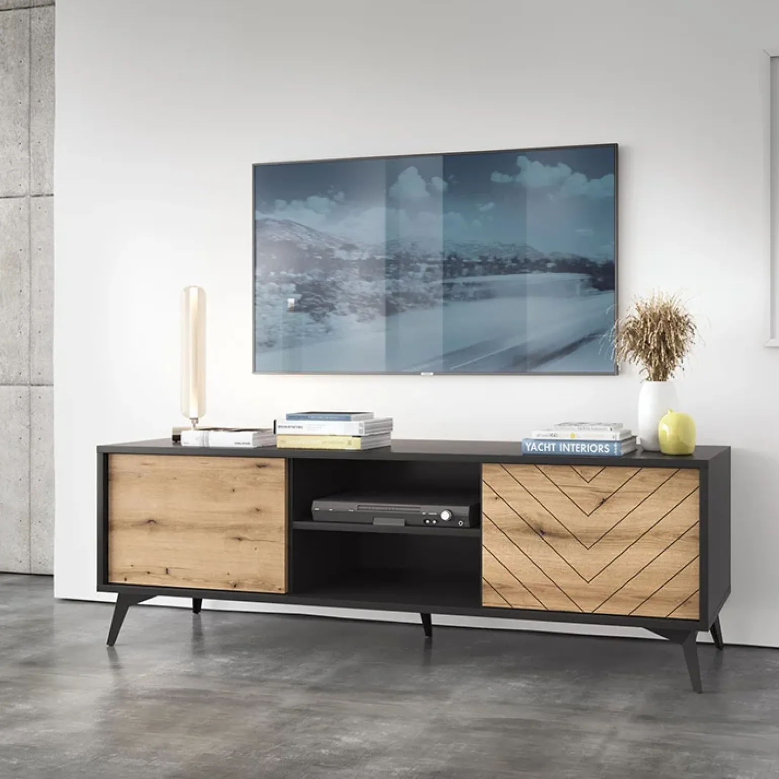 Mobile porta tv 154x50h cm 2 ante moderno quercia nero Becca