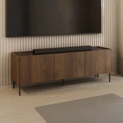 Mobile porta TV 144x50h cm 3 ante piano effetto marmo nero noce Caliva