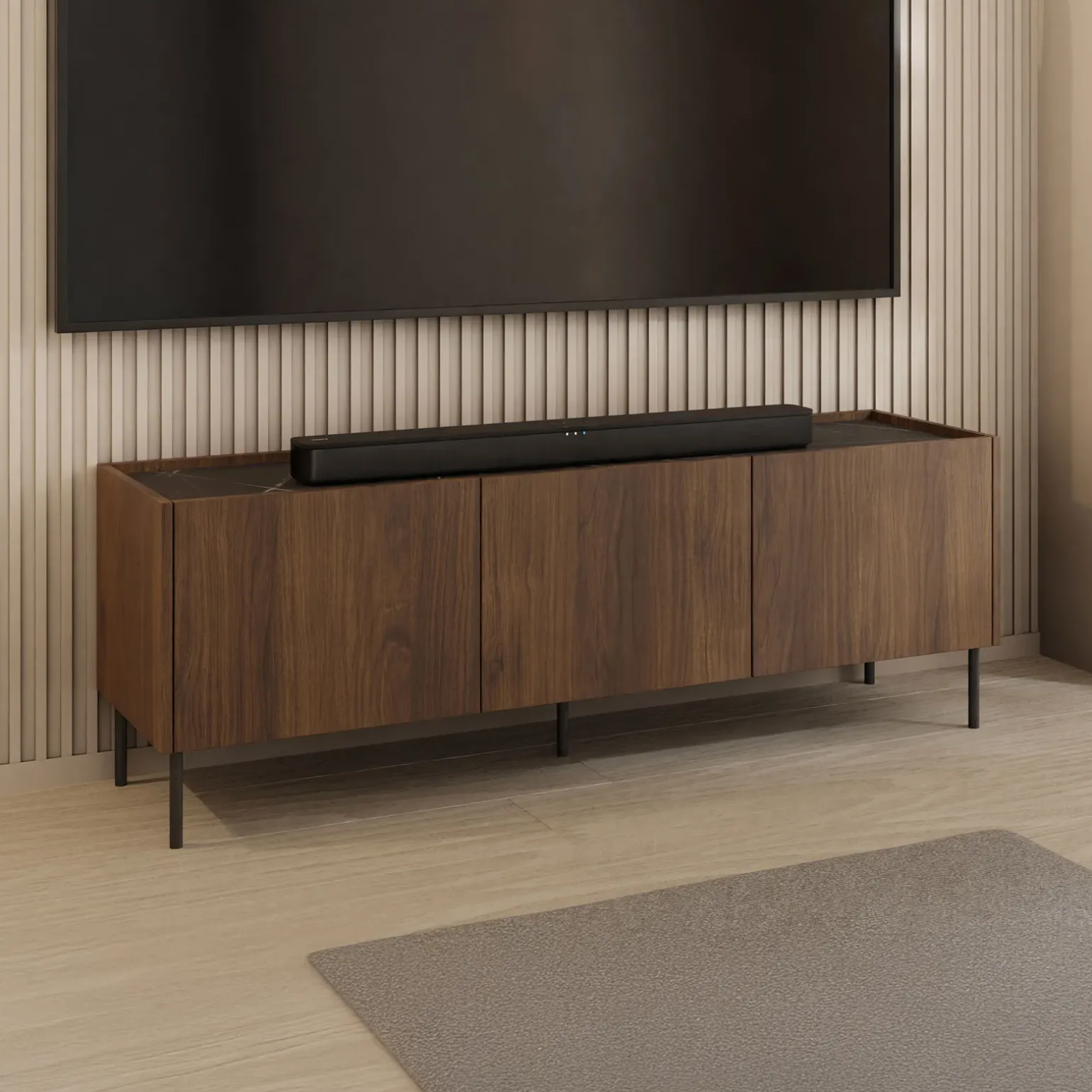 Mobile porta TV 144x50h cm 3 ante piano effetto marmo nero noce Caliva