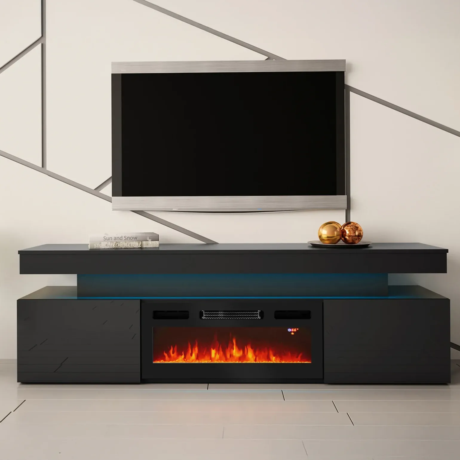 Mobile porta TV 190x59h cm 2 ante con caminetto con LED nero Lumus