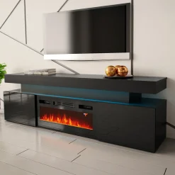 Mobile porta TV 190x59h cm 2 ante con caminetto con LED nero Lumus