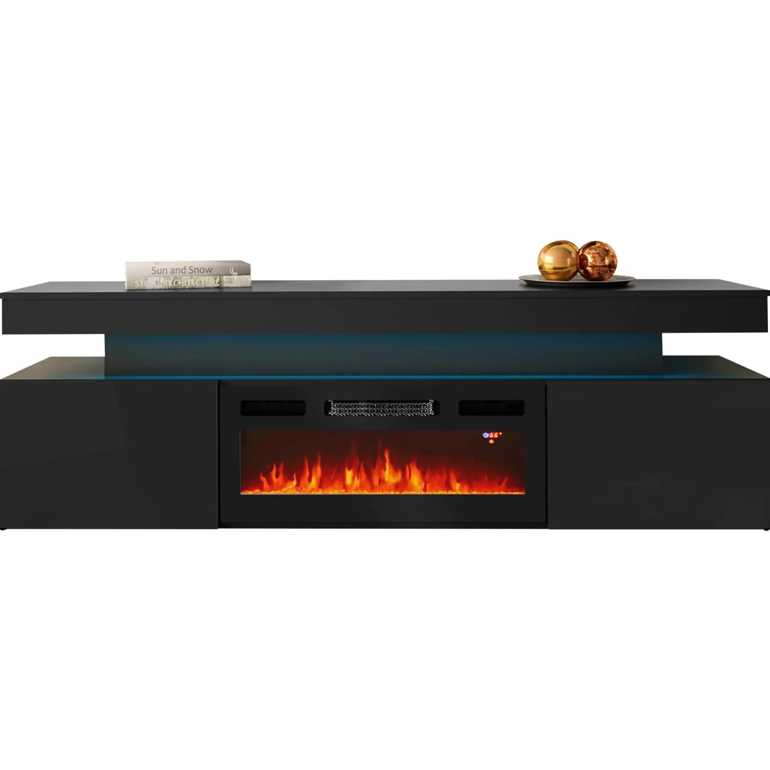 Mobile porta TV 190x59h cm 2 ante con caminetto con LED nero Lumus