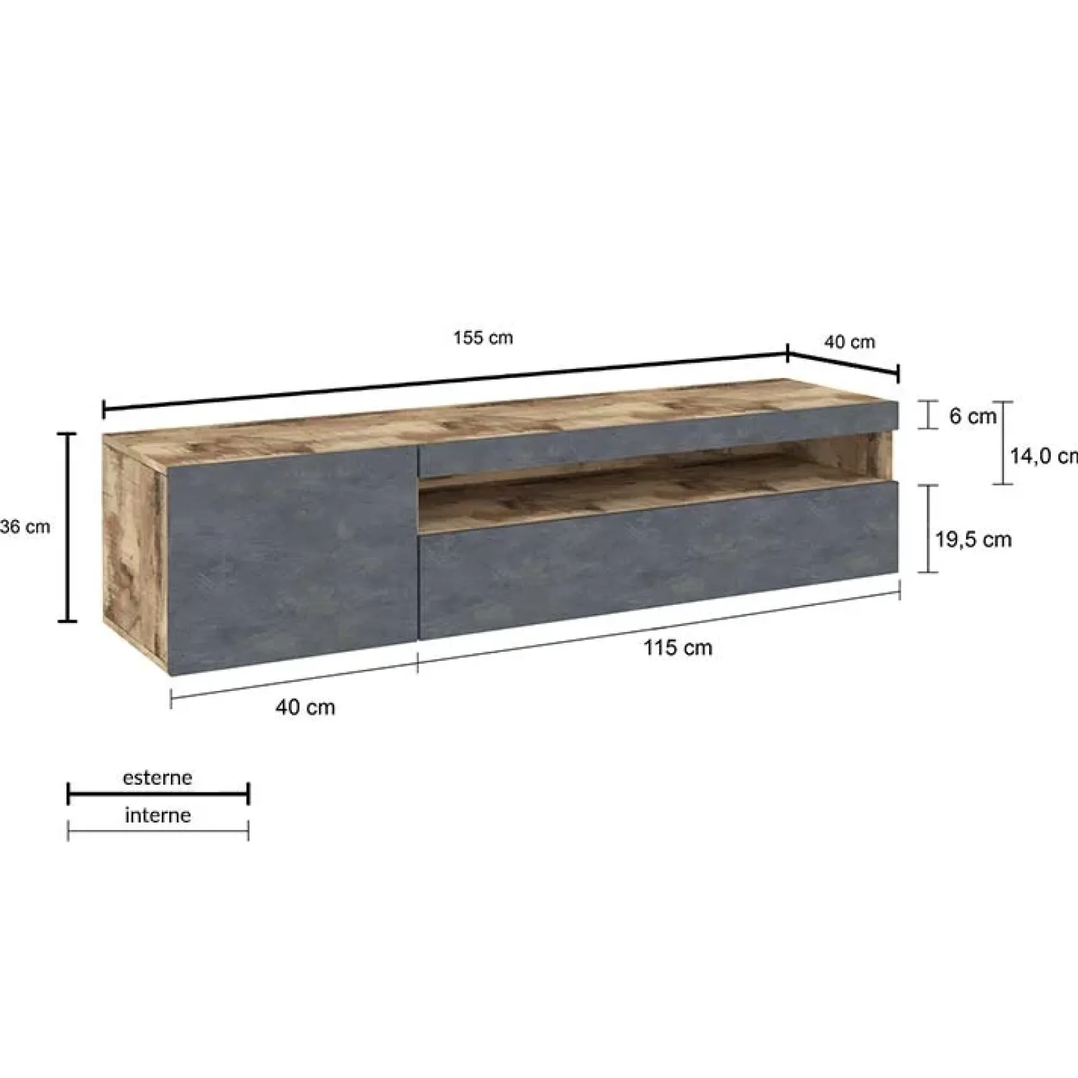 Mobile porta TV 155x37h cm 1 anta antracite Light Small Gihome®