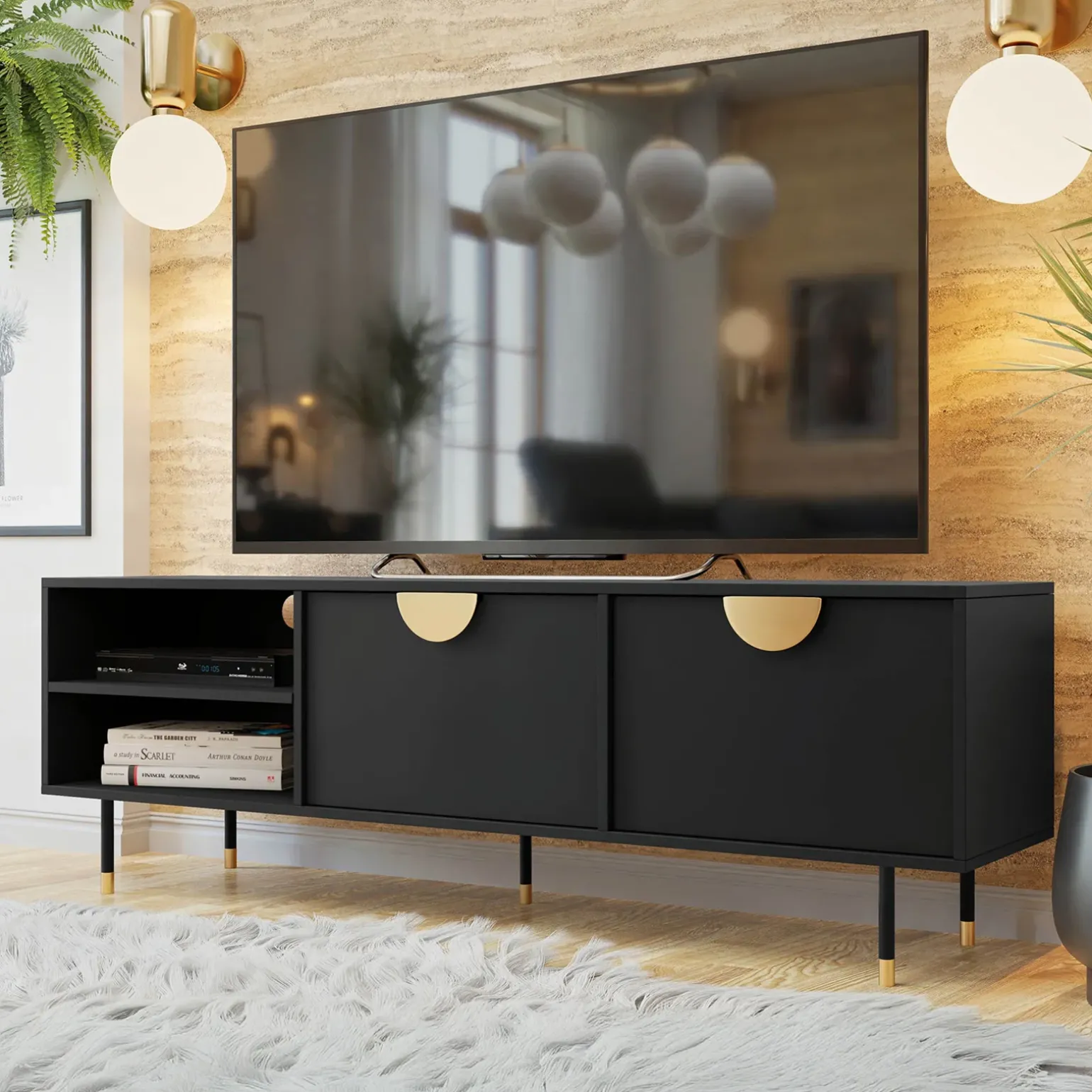 Mobile porta tv 180x58h cm 1 anta 2 vani a giorno nero oro Oriana