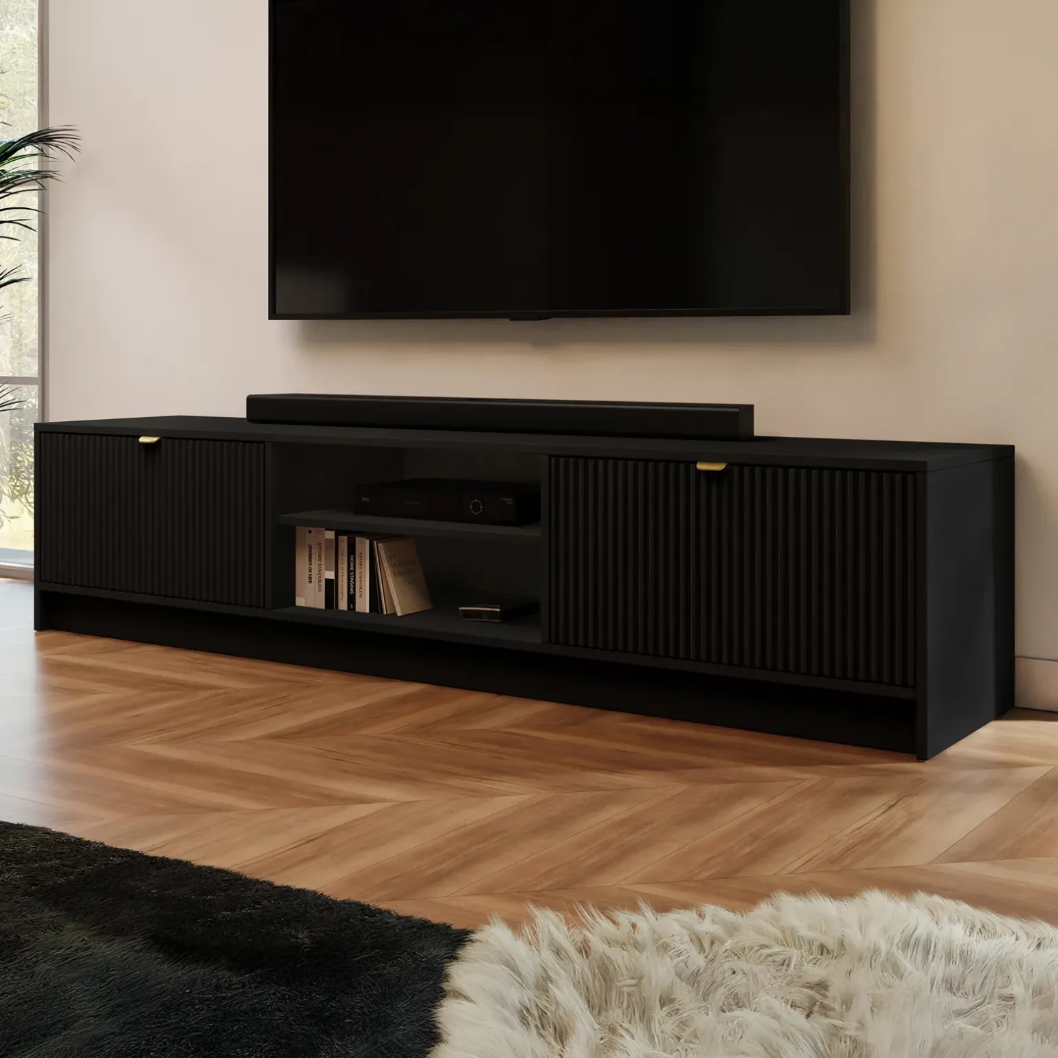Mobile porta tv 180x40h cm 2 ante 2 vani a giorno cannettato nero Athena