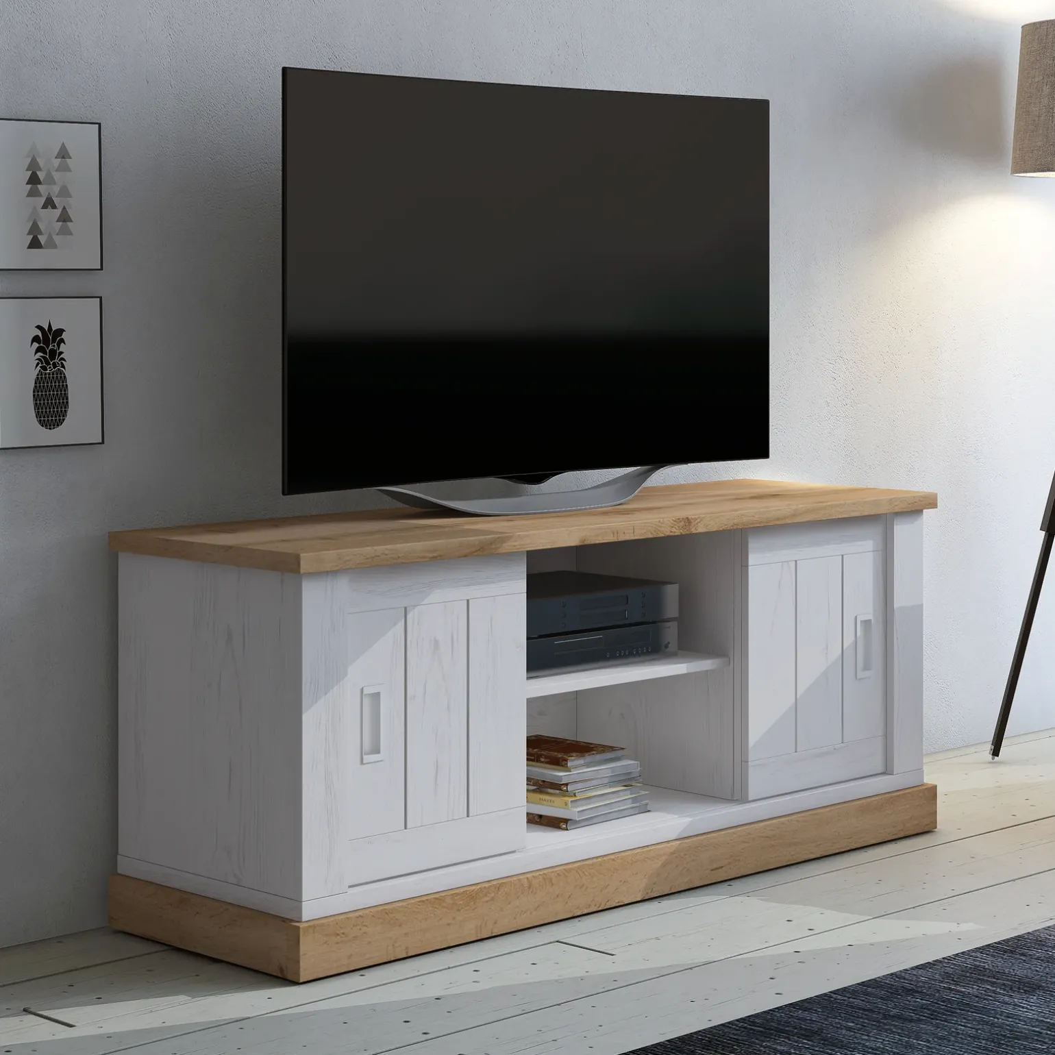 Mobile porta TV 145x60h cm 2 ante scorrevoli 2 vani a giorno bianco frassinato rovere Islen
