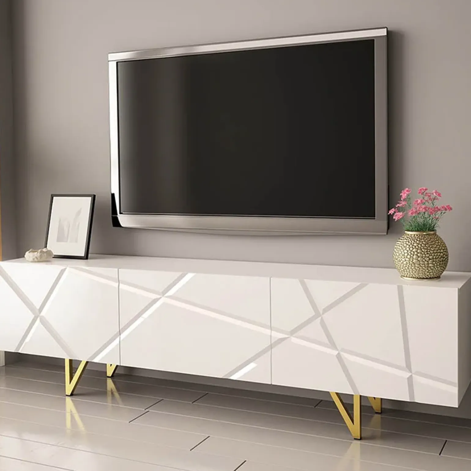 Mobile porta TV 180x52h cm 3 ante bianco lucido Kalmar