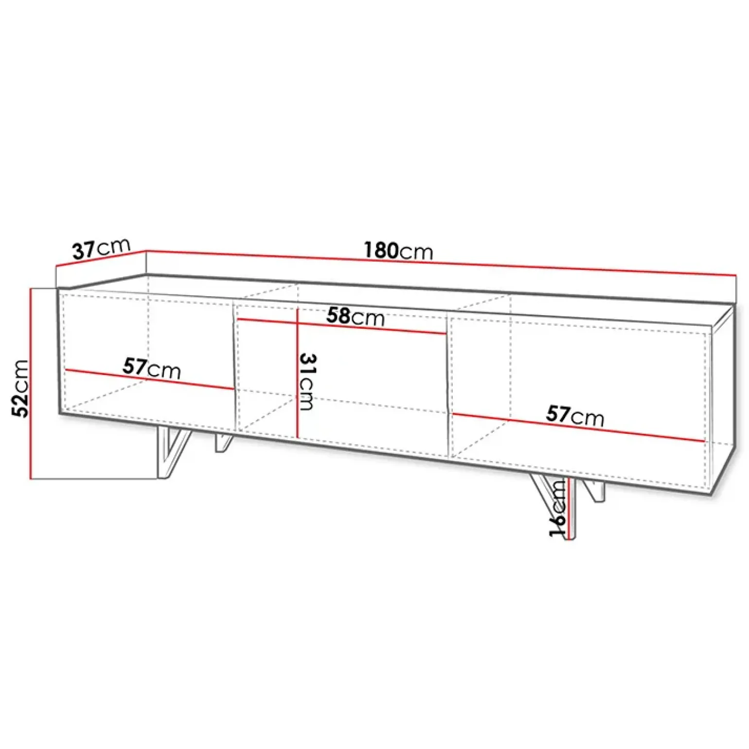 Mobile porta TV 180x52h cm 3 ante bianco lucido Kalmar