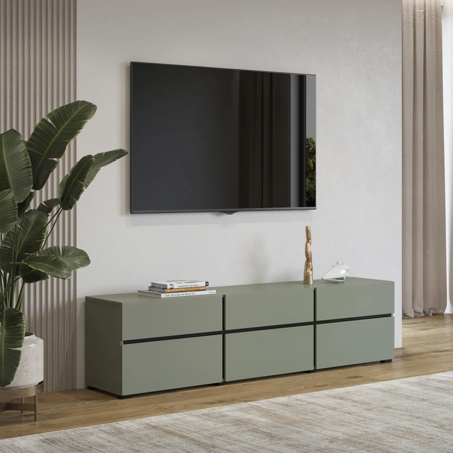 Mobile porta TV 180x48h cm 3 ante a ribalta 3 cassetti verde nero Lolla