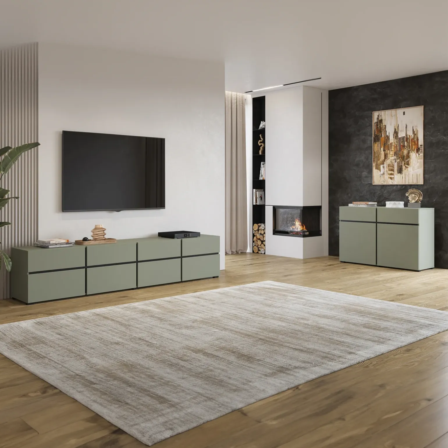 Mobile porta TV 180x48h cm 3 ante a ribalta 3 cassetti verde nero Lolla