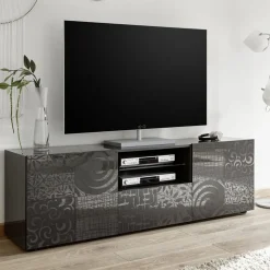 Mobile porta TV 181x57h cm 2 ante 1 cassetto soggiorno grigio laccato lucido Paradise
