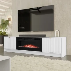 Mobile porta TV 182x48h cm 2 ante con caminetto bianco cannettato nero Athena