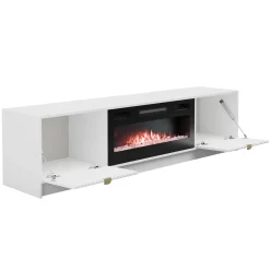 Mobile porta TV 182x48h cm 2 ante con caminetto bianco cannettato nero Athena