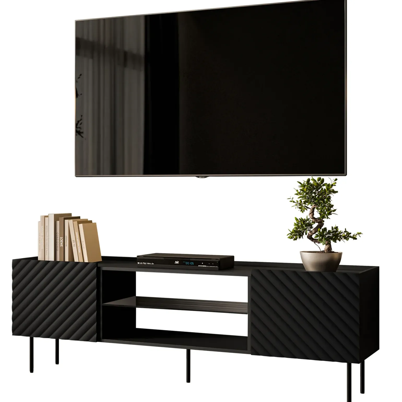 Mobile porta TV 181x59h cm 2 ante 2 vani con frontali decorati nero Daniele