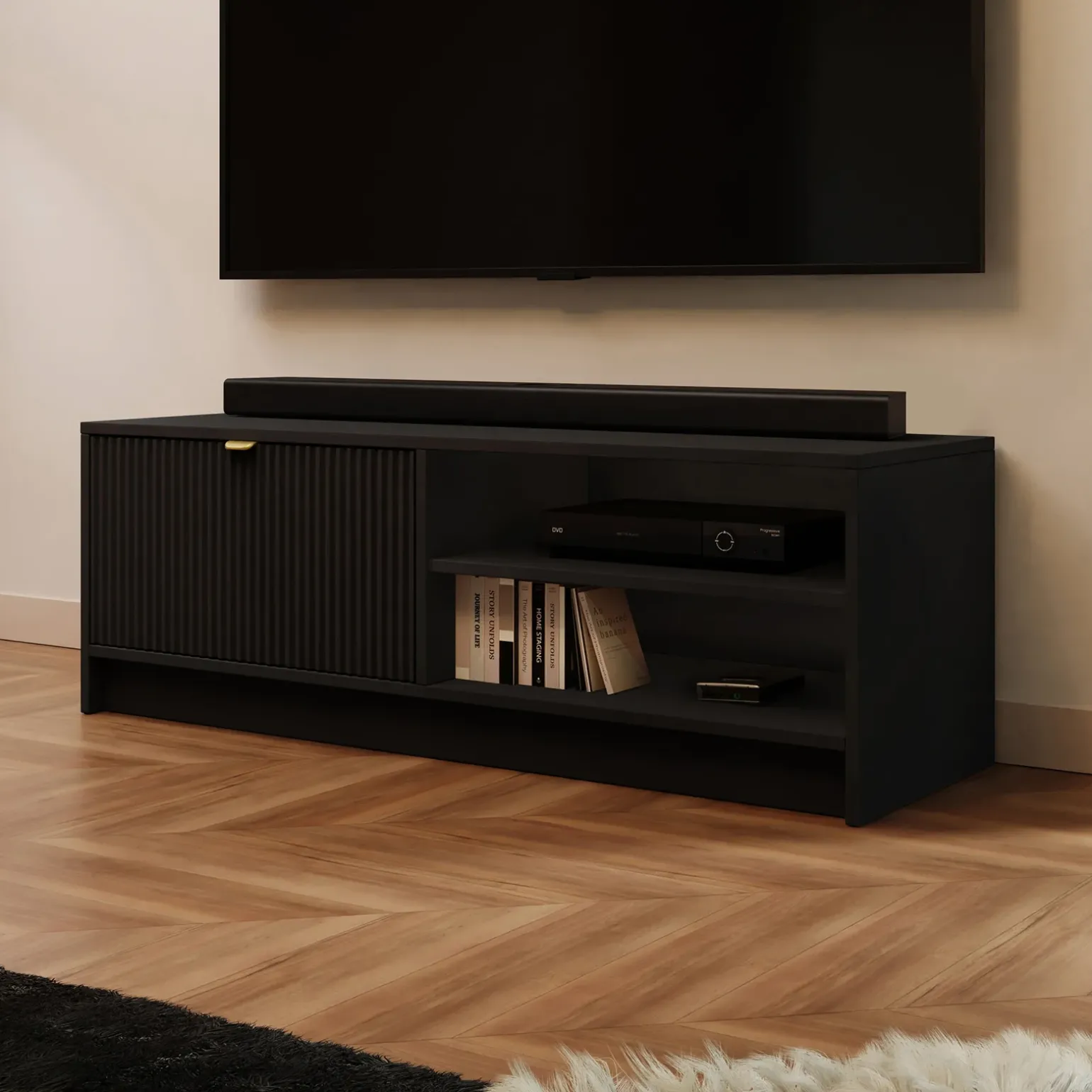 Mobile porta tv 120x40h cm 1 anta 2 vani a giorno cannettato nero Athena