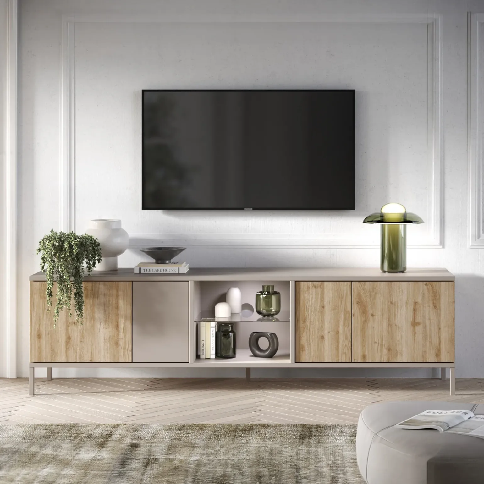 Mobile porta TV 210x59h cm 4 ante 2 vani rovere chiaro beige Tony