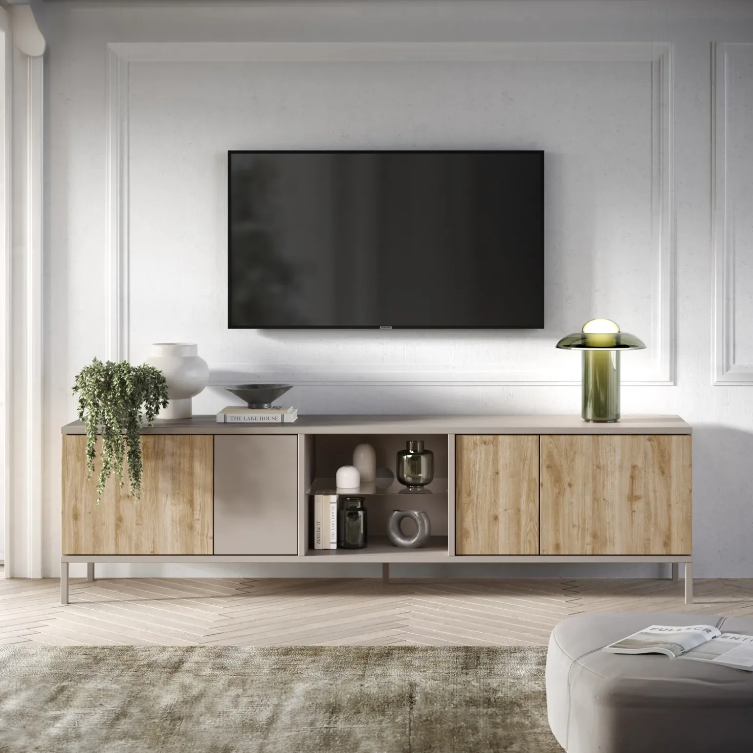 Mobile porta TV 210x59h cm 4 ante 2 vani rovere chiaro beige Tony