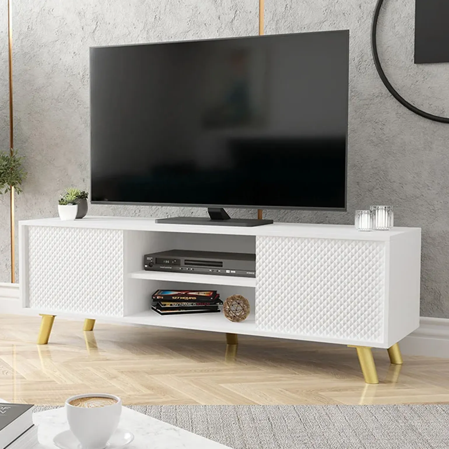 Mobile porta TV 140x42h cm 2 ante 2 vani a giorno bianco Nyborg