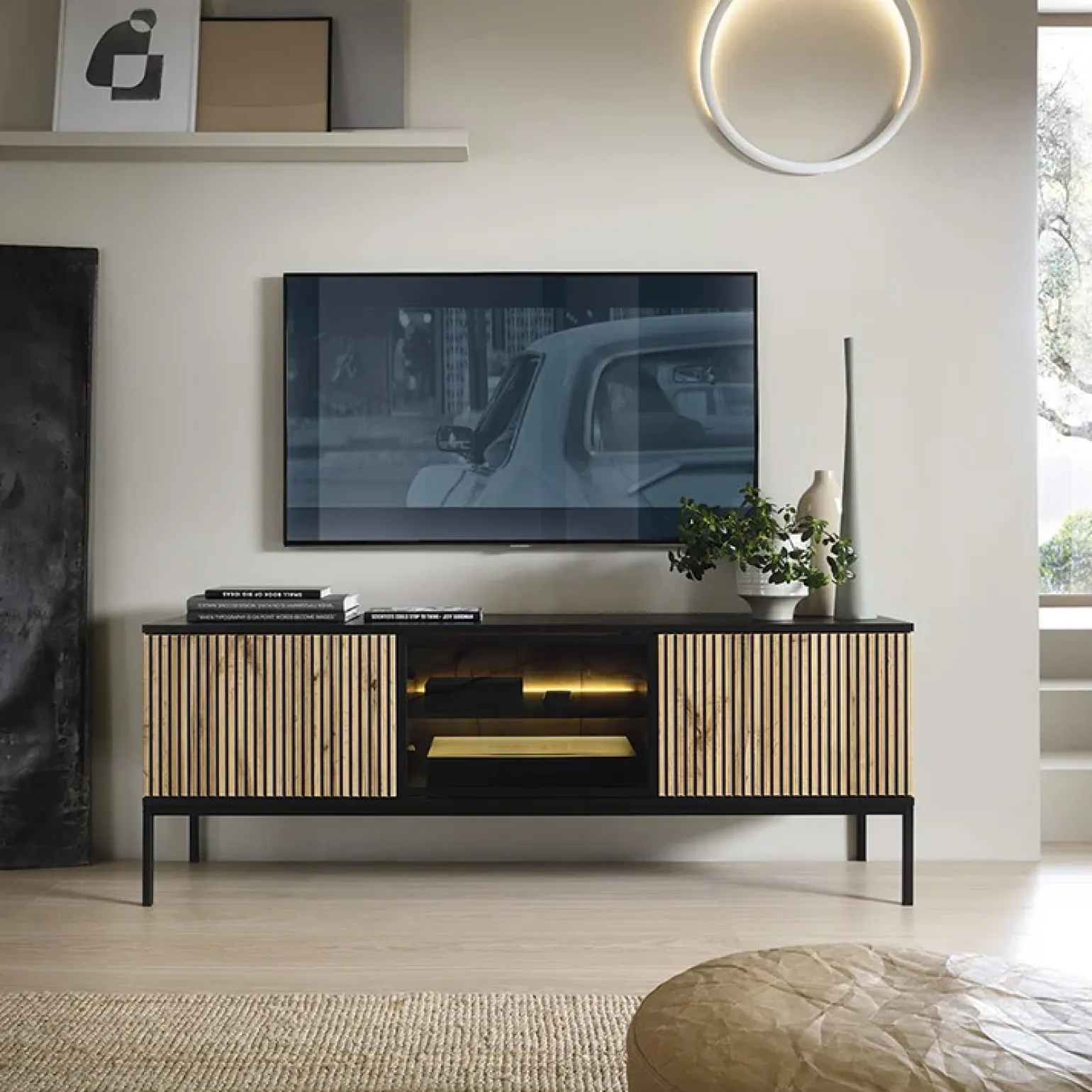 Mobile porta TV 153x56h cm 3 ante moderno nero rovere antico cannettato Bali