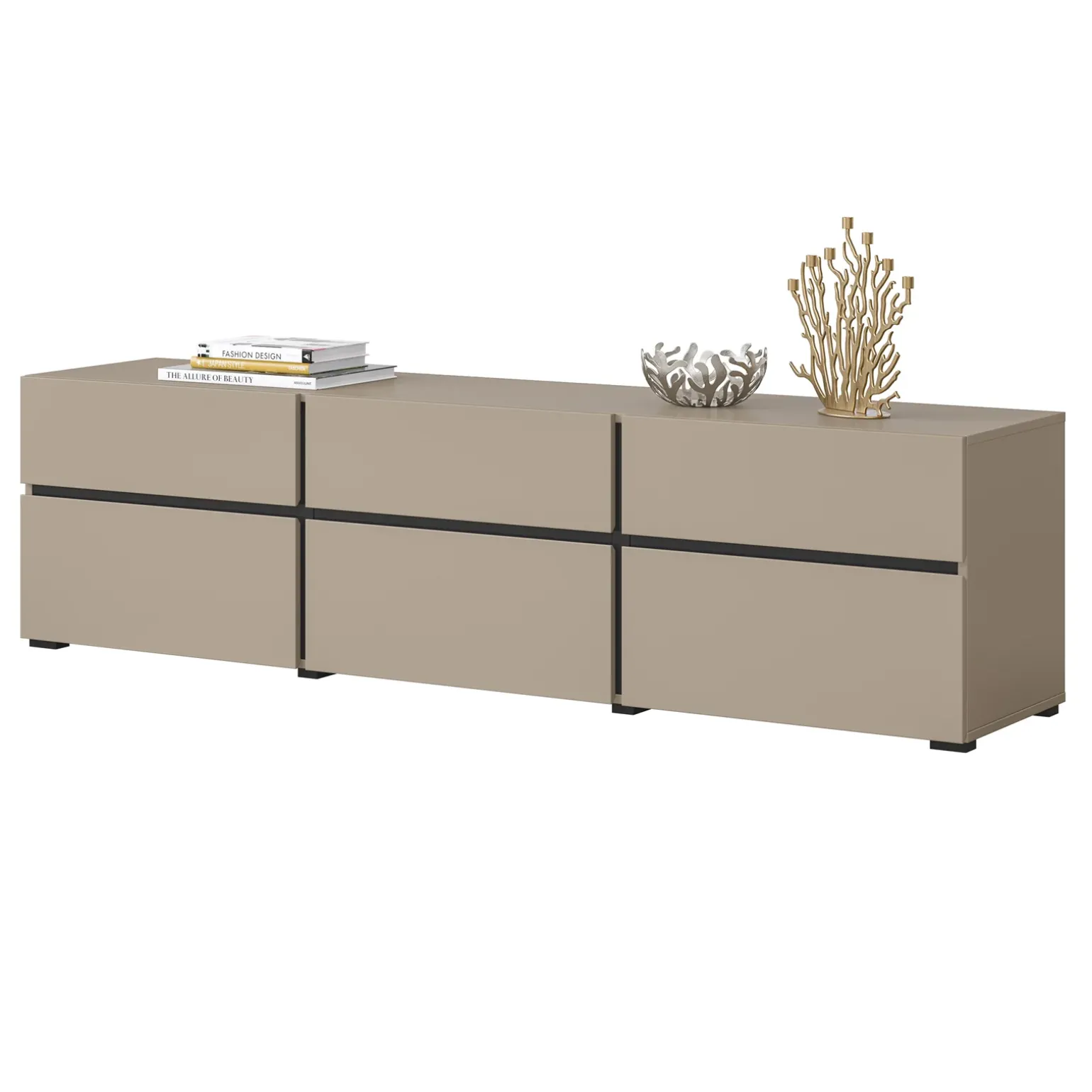 Mobile porta TV 180x48h cm 3 ante a ribalta 3 cassetti tortora nero Lolla