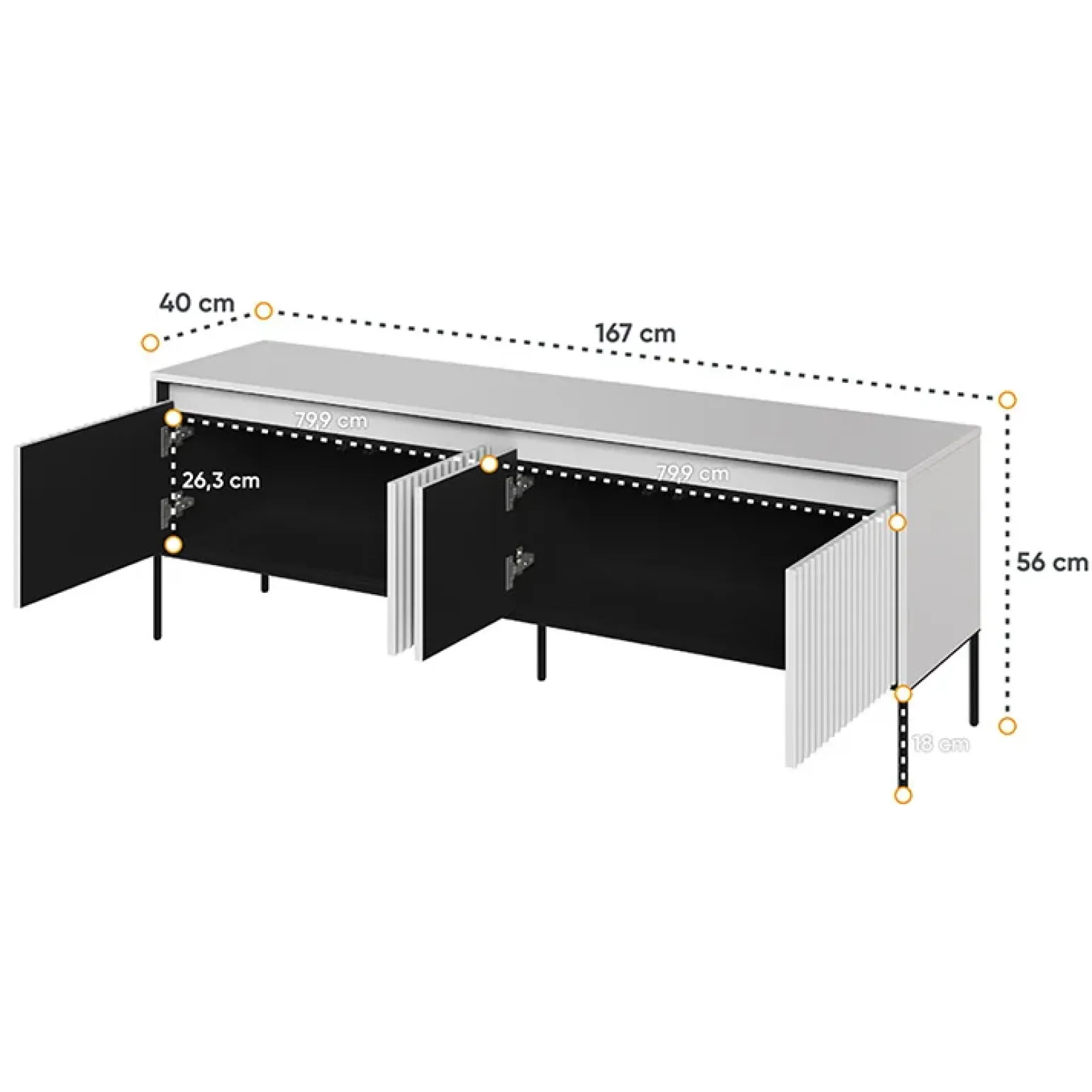 Mobile porta TV 167x56h cm 2 ante led cannettato bianco opaco nero Camelia