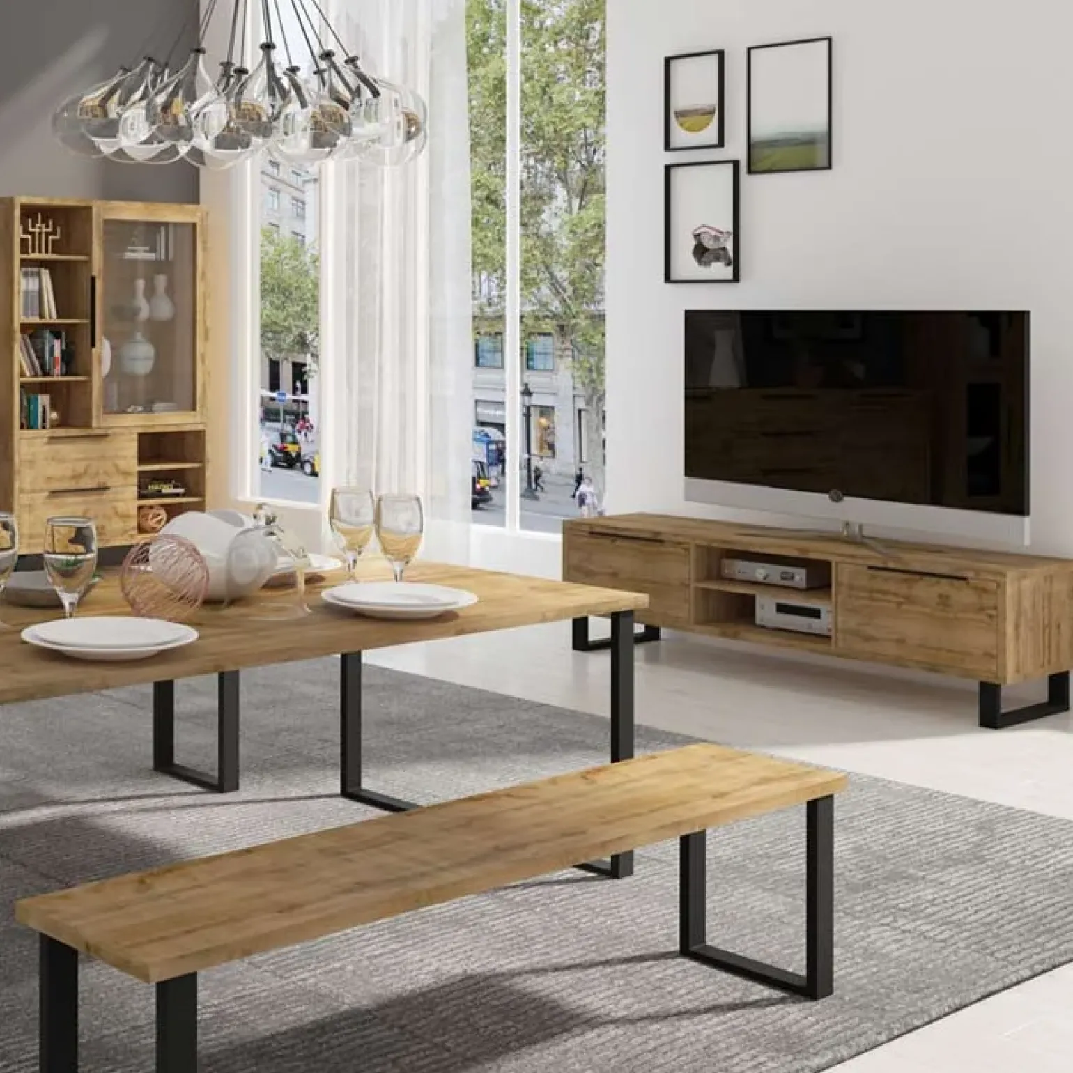 Mobile porta TV 180x50h cm 2 ante soggiorno quercia metallo nero Petra