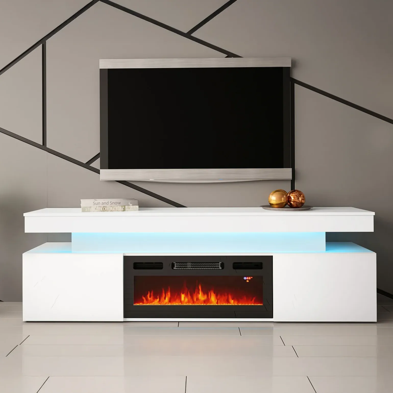 Mobile porta TV 190x59h cm 2 ante con caminetto con LED bianco Lumus