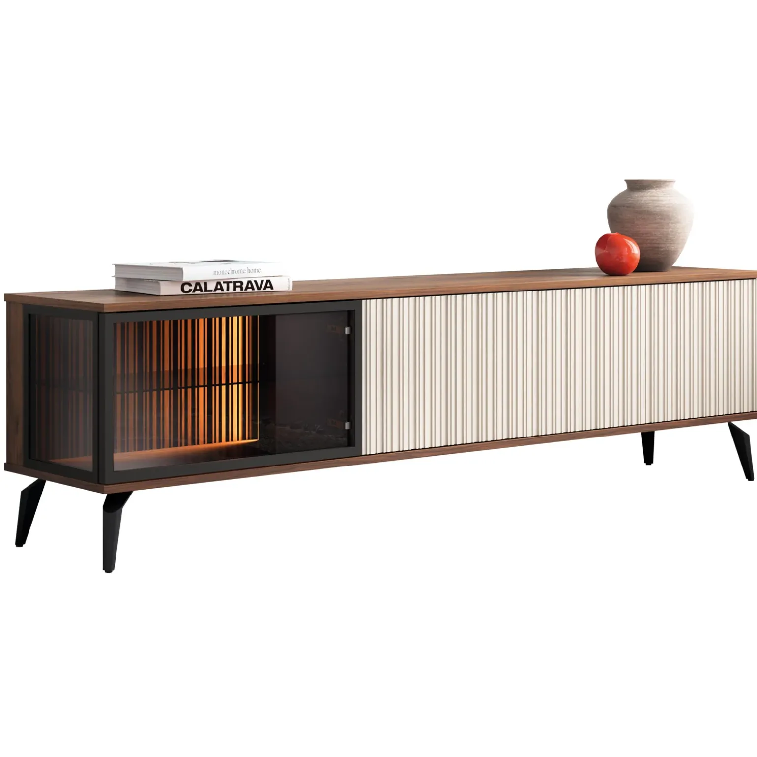 Mobile porta tv 180x50h cm 3 ante con LED cannettato noce beige Evelina