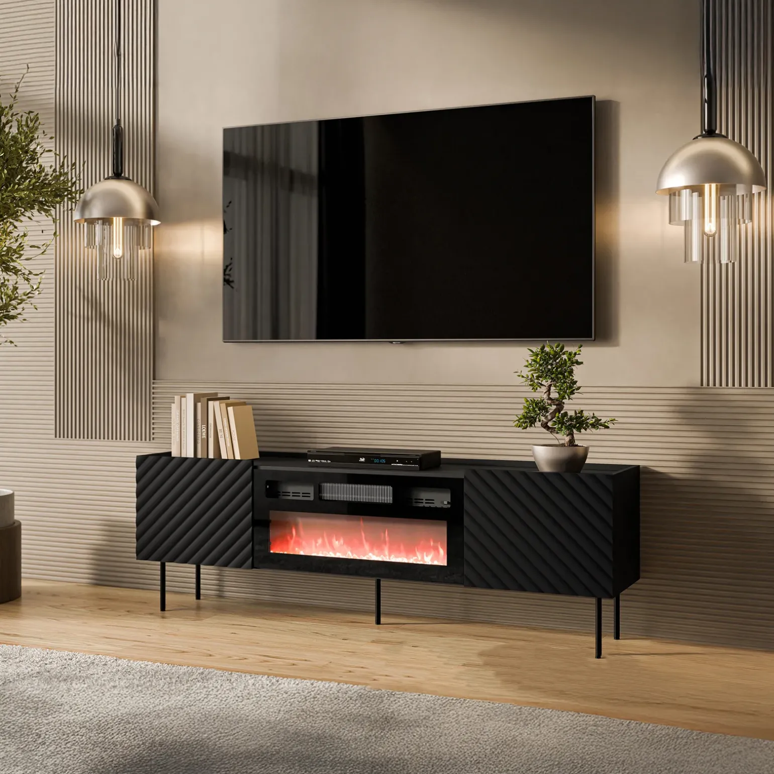 Mobile porta TV 181x59h cm 2 ante con caminetto con frontali decorati nero Daniele
