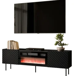 Mobile porta TV 181x59h cm 2 ante con caminetto con frontali decorati nero Daniele