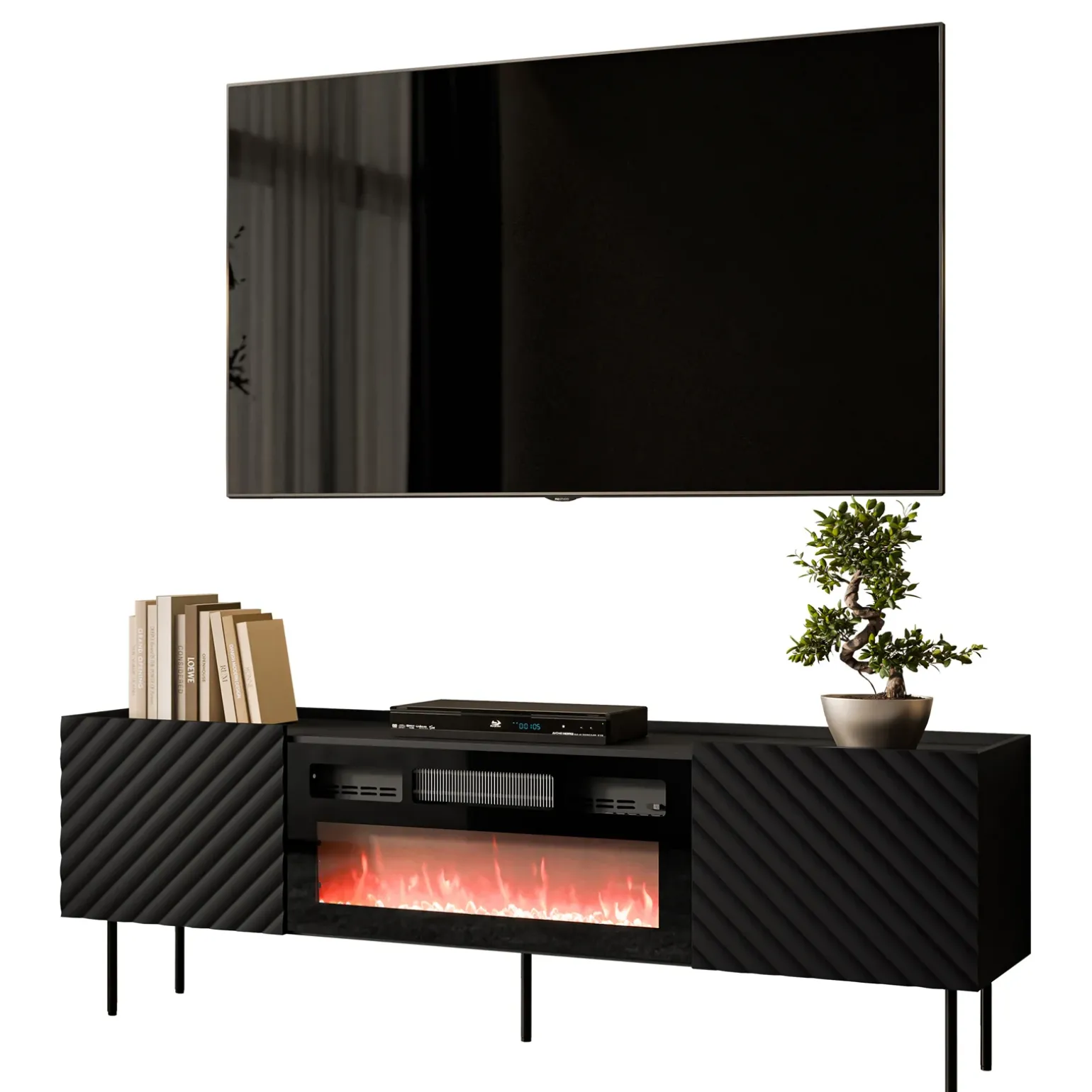 Mobile porta TV 181x59h cm 2 ante con caminetto con frontali decorati nero Daniele