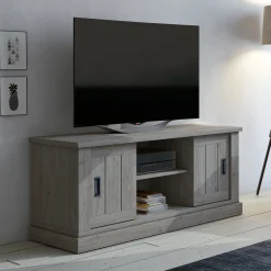 Mobile porta TV 145x60h cm 2 ante scorrevoli 2 vani a giorno rovere grigio nero Islen