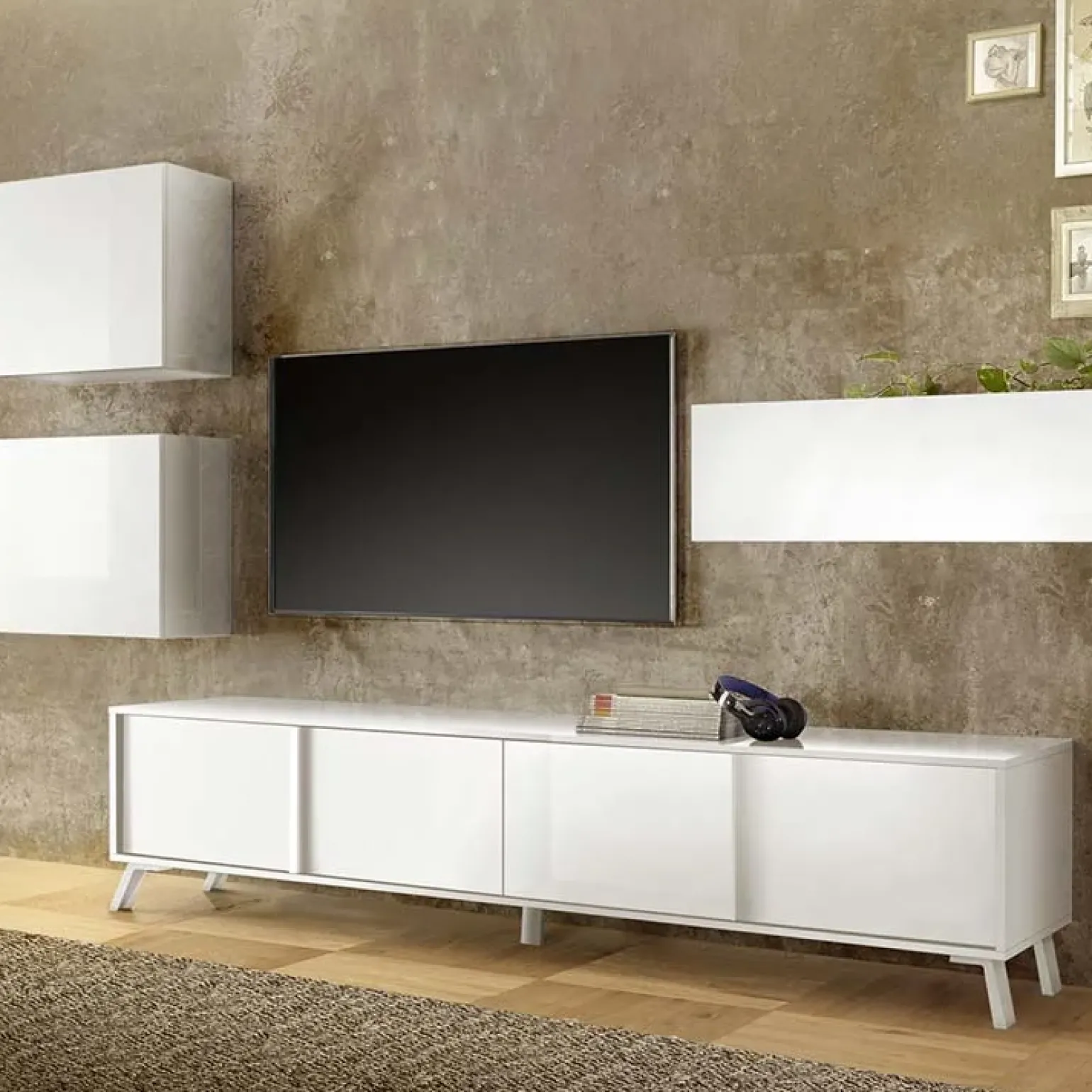 Mobile porta TV 205x48h cm 4 ante bianco lucido Tosca