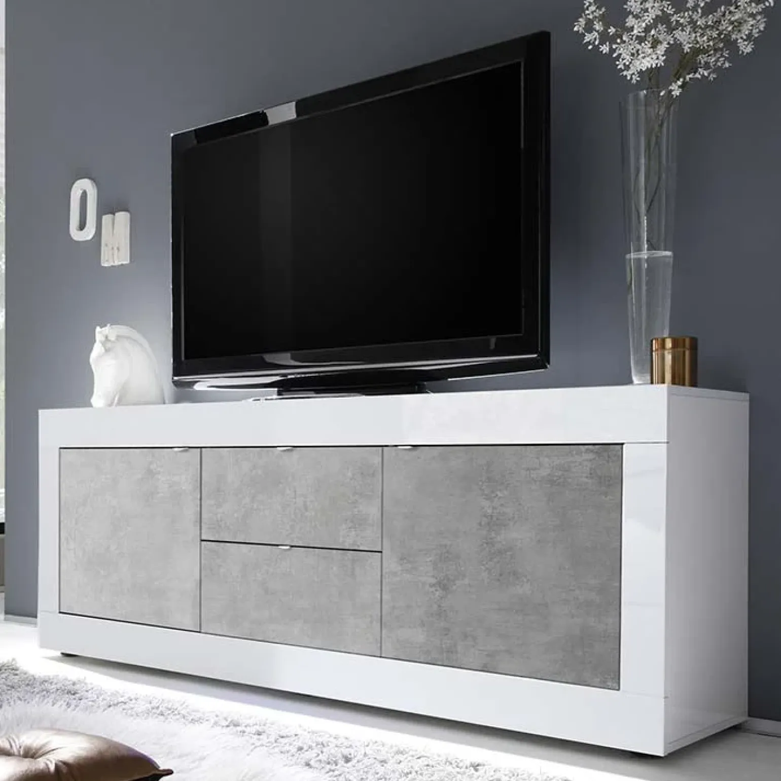 Mobile porta TV 210x66h cm 2 ante 2 cassetti bianco lucido cemento Eternity