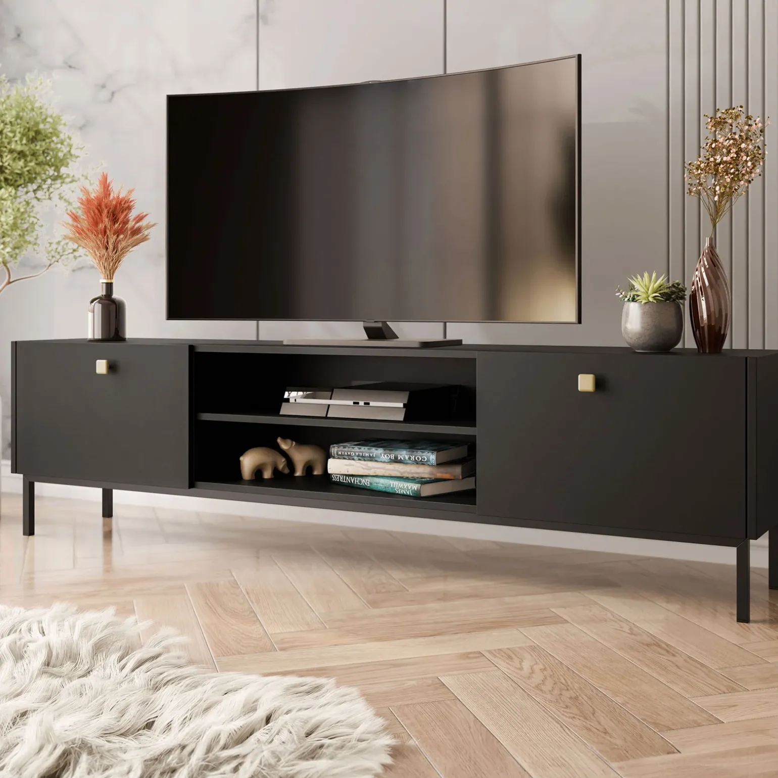 Mobile porta TV 180x48h cm 2 ante 2 vani nero opaco Giuggiola