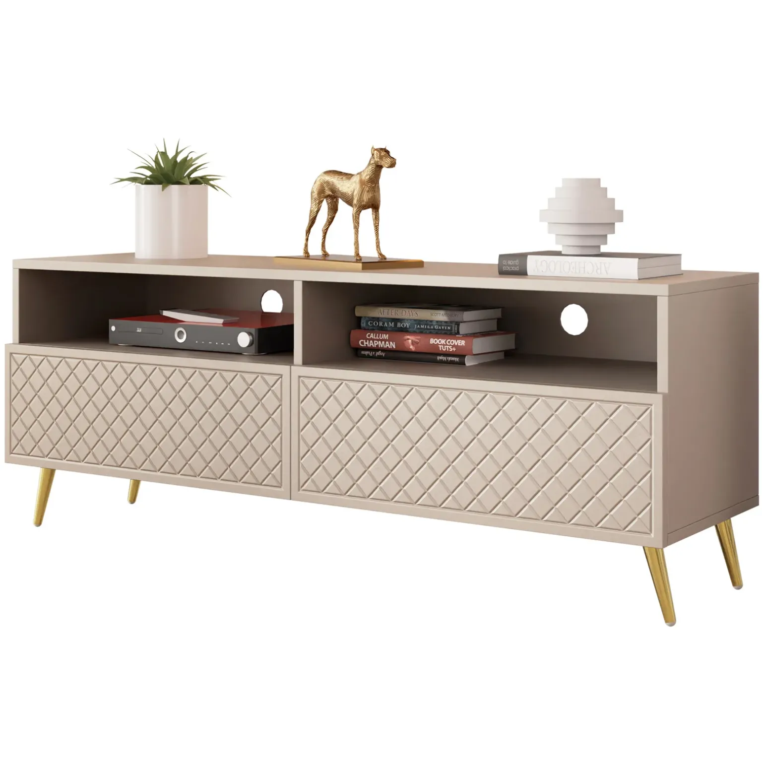 Mobile porta TV 150x57h cm 2 ante 2 vani con frontali decorati beige Simona