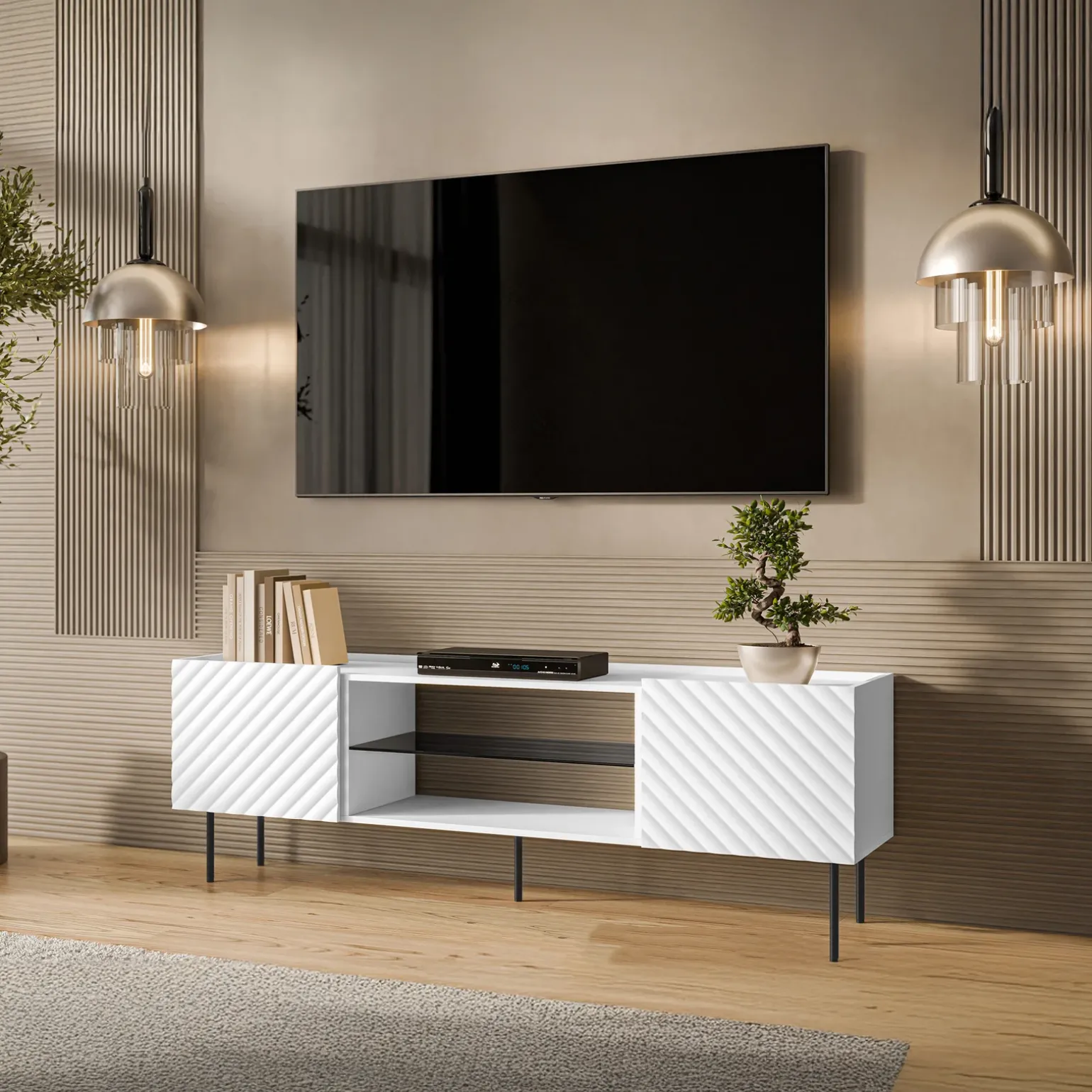 Mobile porta TV 181x59h cm 2 ante 2 vani con frontali decorati bianco Daniele
