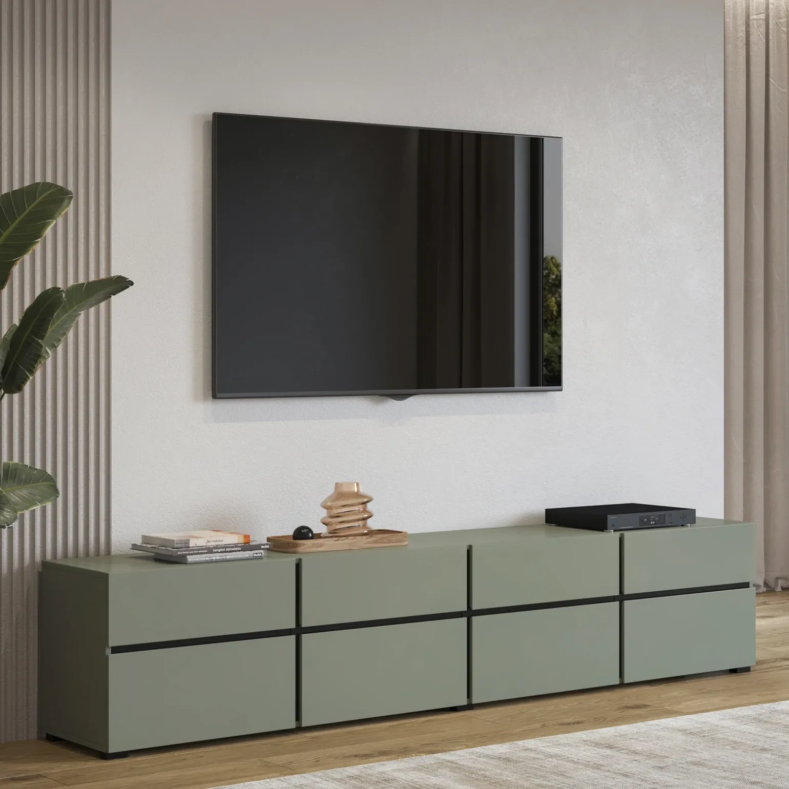 Mobile porta TV 225x48h cm 4 ante a ribalta 4 cassetti moderno verde nero Lolla
