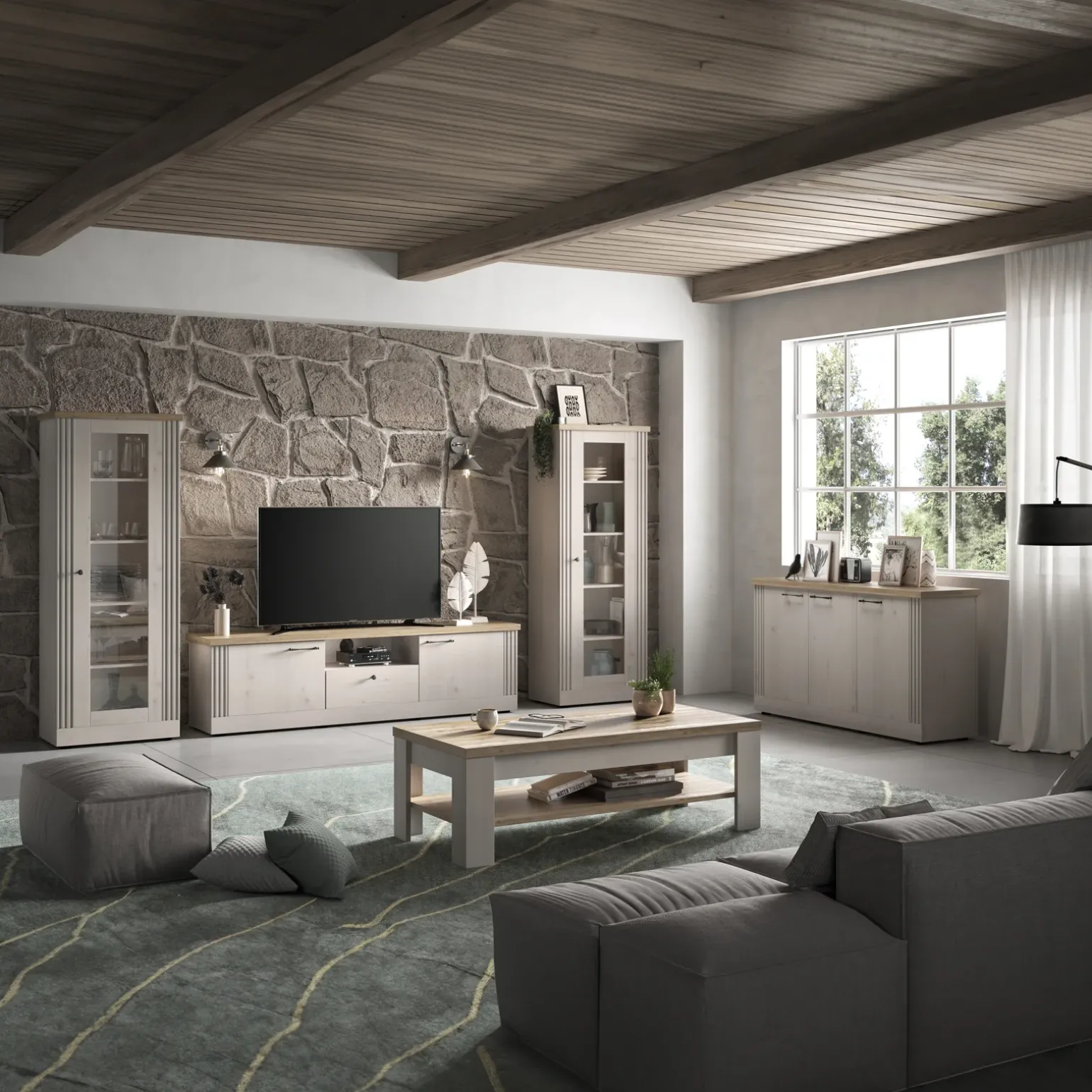 Mobile porta TV 211x58h cm 2 ante 1 cassetto rovere bianco frassinato Armonia