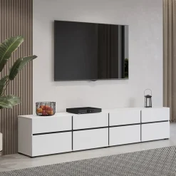Mobile porta TV 225x48h cm 4 ante a ribalta 4 cassetti moderno bianco opaco nero Lolla
