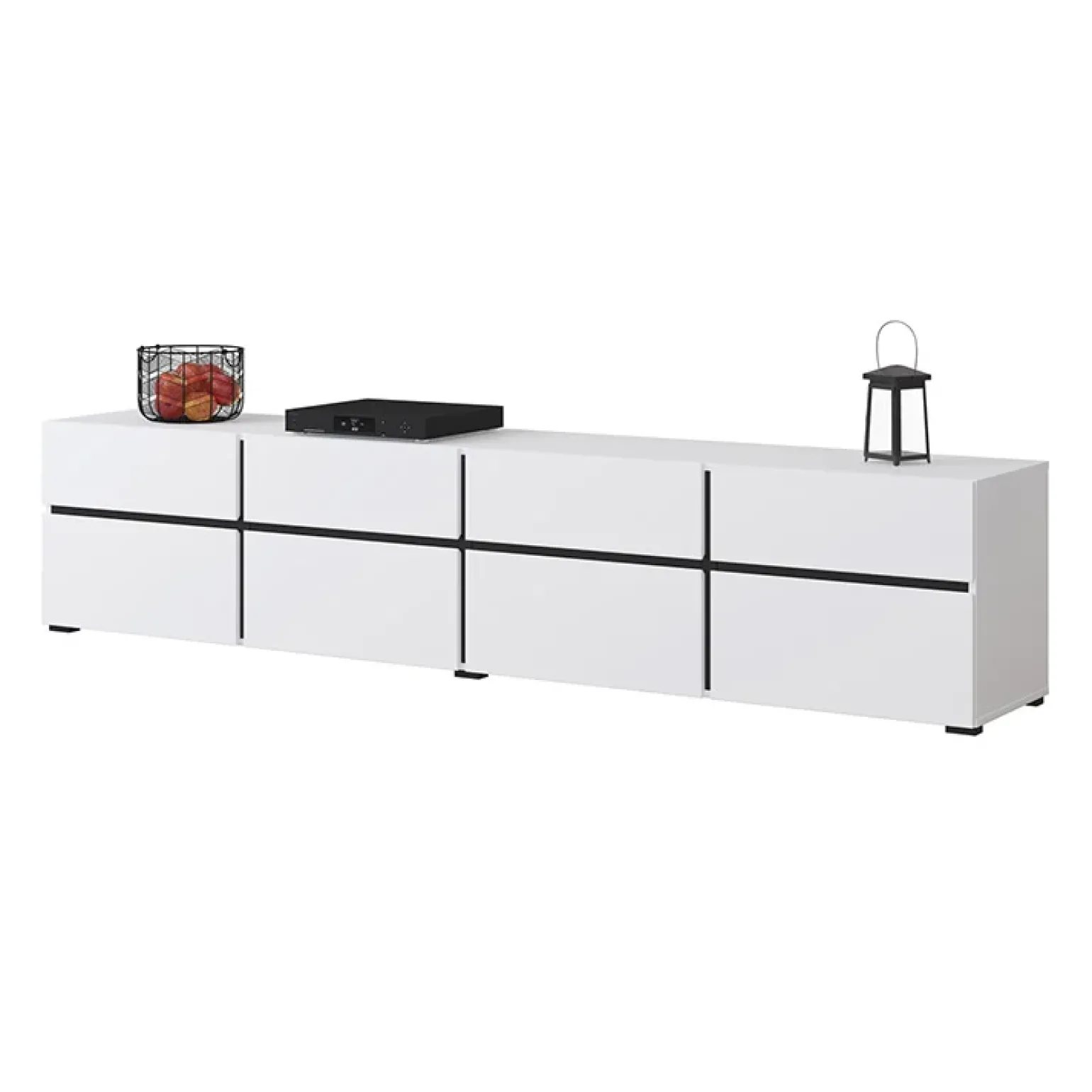 Mobile porta TV 225x48h cm 4 ante a ribalta 4 cassetti moderno bianco opaco nero Lolla