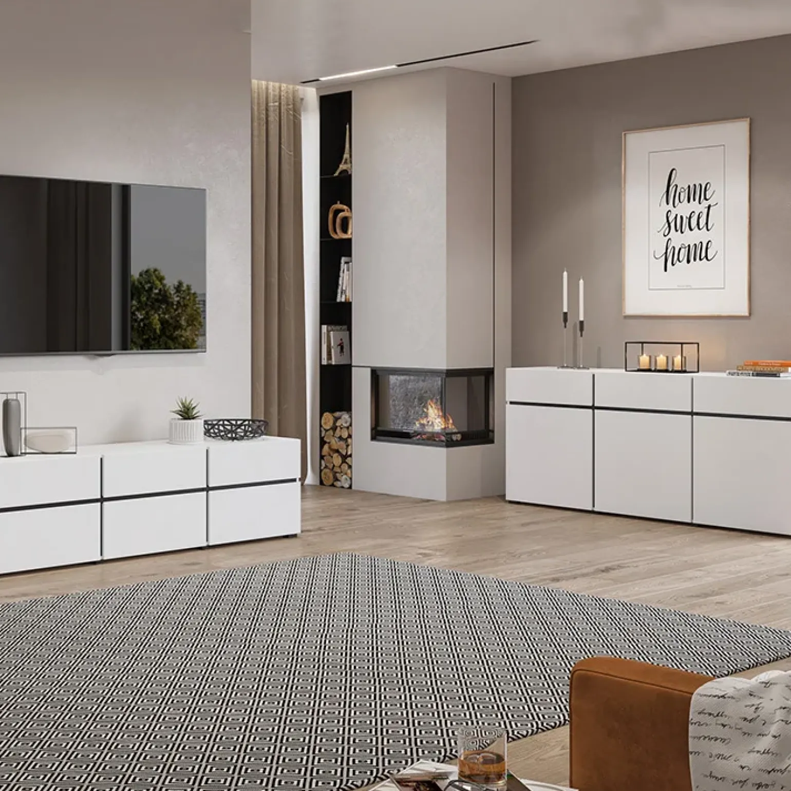 Mobile porta TV 225x48h cm 4 ante a ribalta 4 cassetti moderno bianco opaco nero Lolla