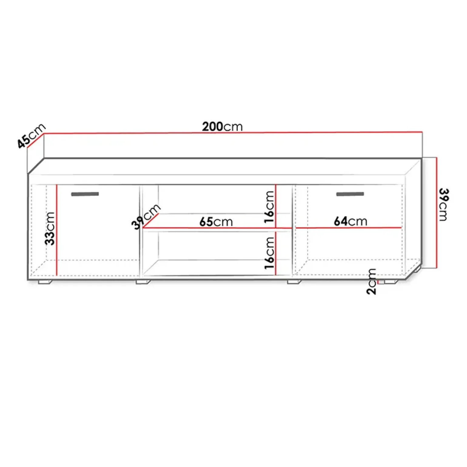 Mobile porta TV 200x39h cm 2 ante 2 vani a giorno bianco lucido Nottingham