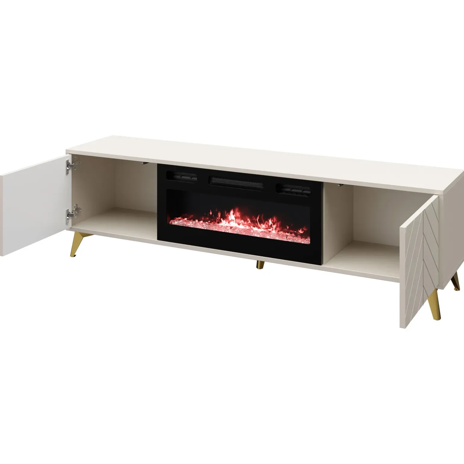 Mobile porta TV 184x53h cm 2 ante con caminetto frontali serigrafati beige nero Miriam
