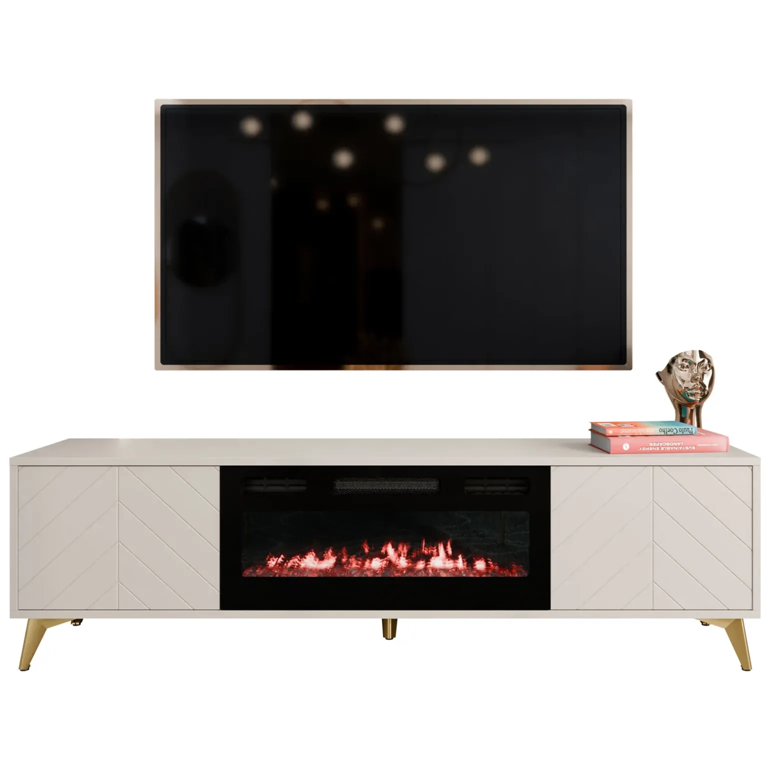 Mobile porta TV 184x53h cm 2 ante con caminetto frontali serigrafati beige nero Miriam