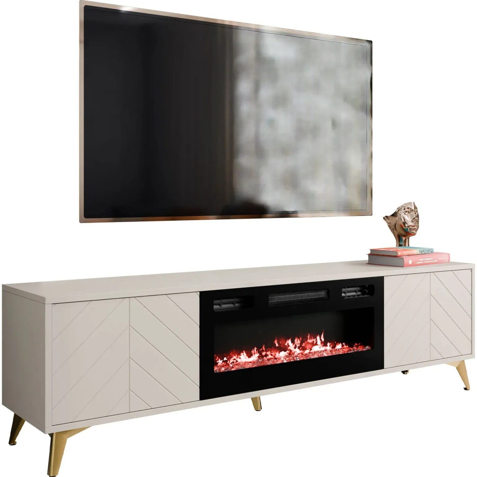 Mobile porta TV 184x53h cm 2 ante con caminetto frontali serigrafati beige nero Miriam