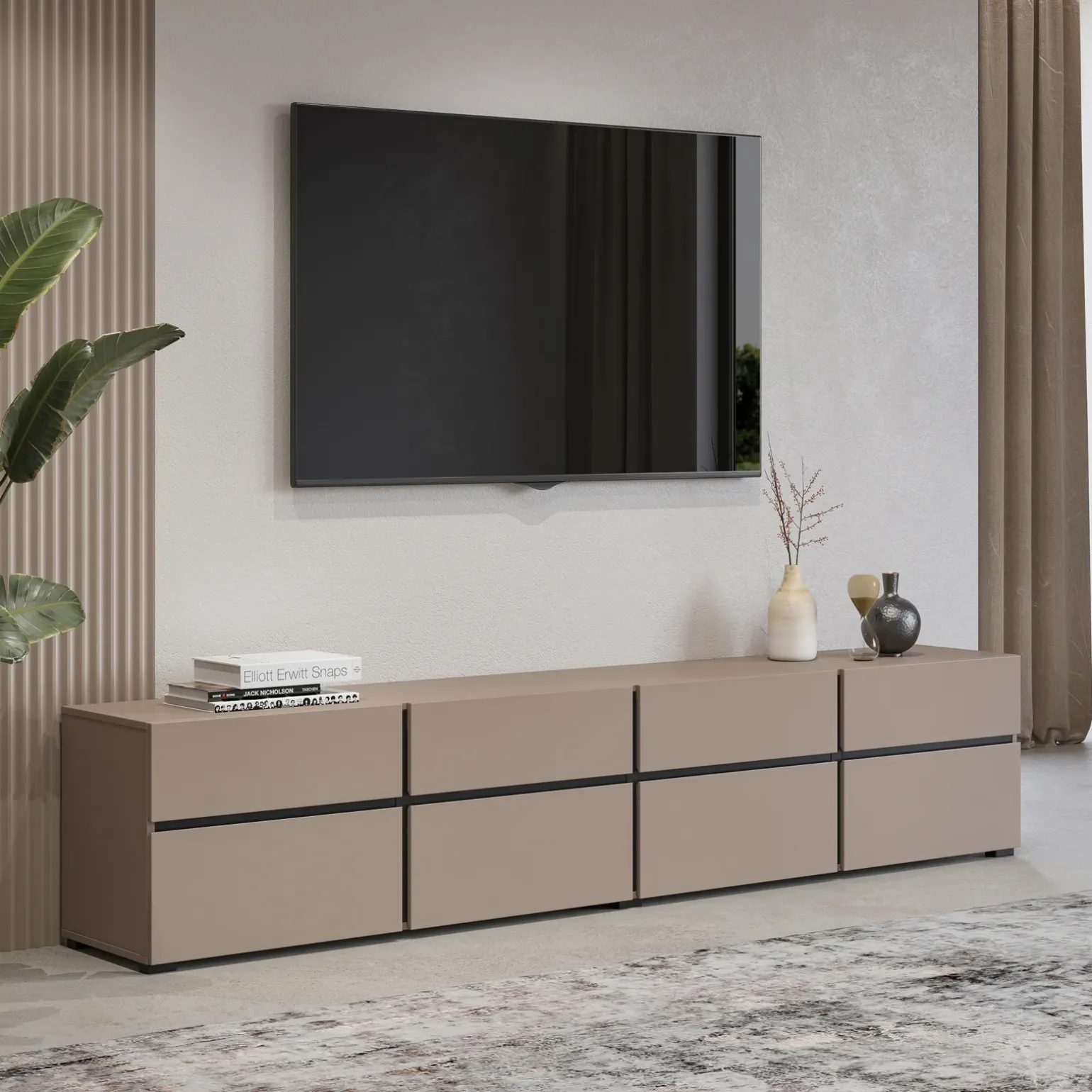 Mobile porta TV 225x48h cm 4 ante a ribalta 4 cassetti moderno tortora nero Lolla