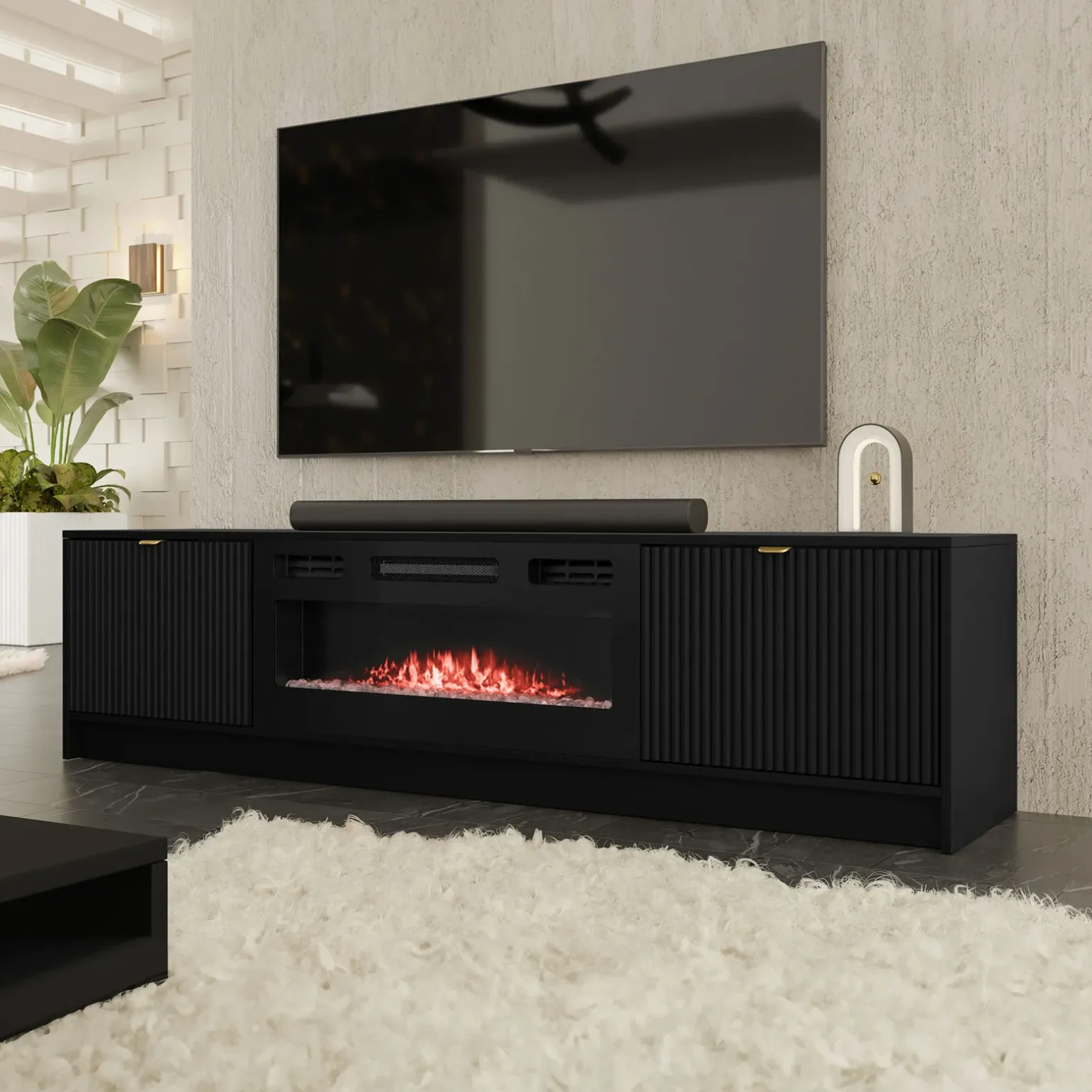 Mobile porta TV 182x48h cm 2 ante con caminetto nero cannettato Athena