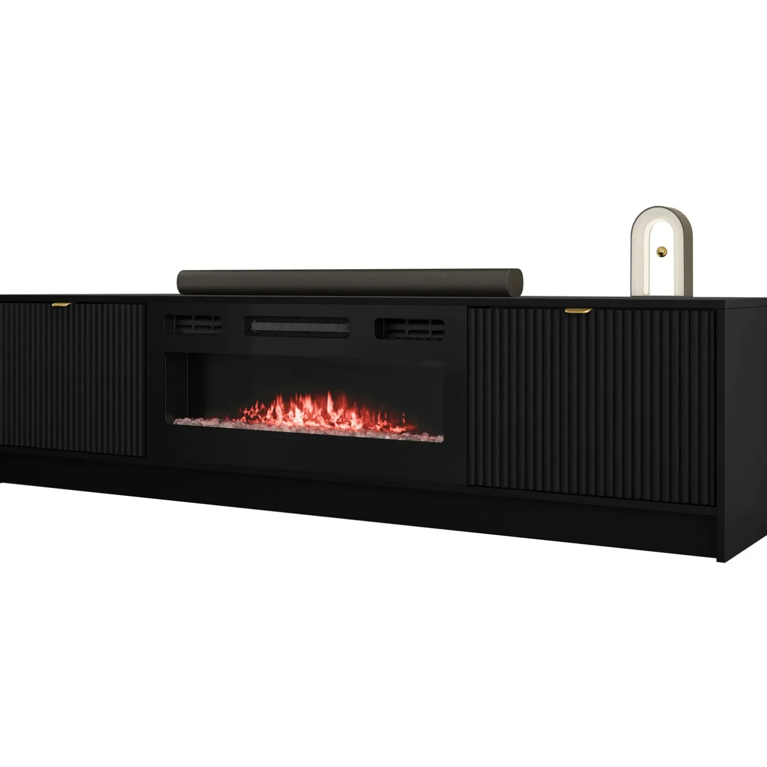 Mobile porta TV 182x48h cm 2 ante con caminetto nero cannettato Athena