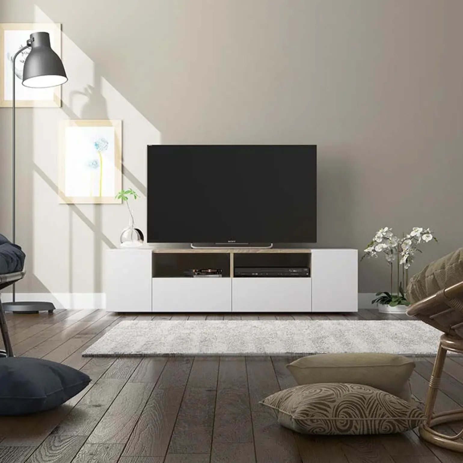 Mobile porta TV 138x36h cm 4 ante soggiorno bianco opaco rovere Ted